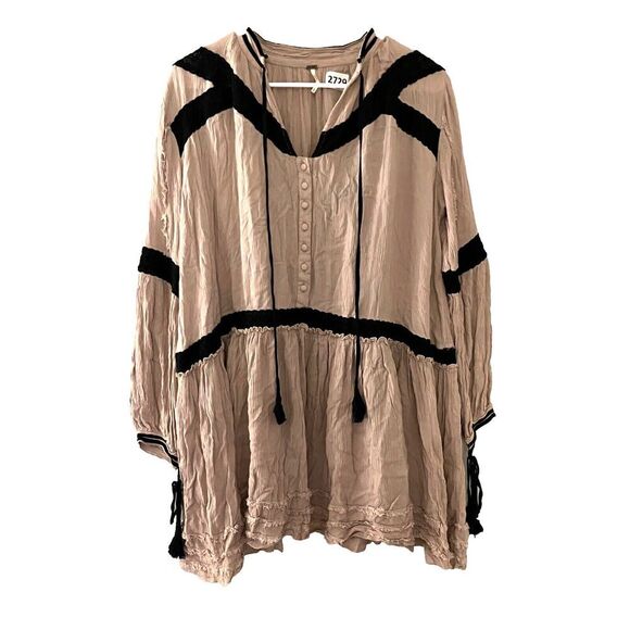 Free People Womens Brown Black Tunic Shift Dress Small Tassel Boho Beige - Picture 1 of 8